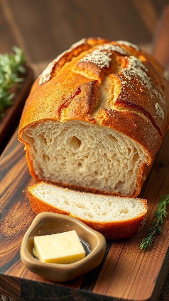 A loaf of no-yeast bread, sliced and served on a wooden board with butter and herbs.